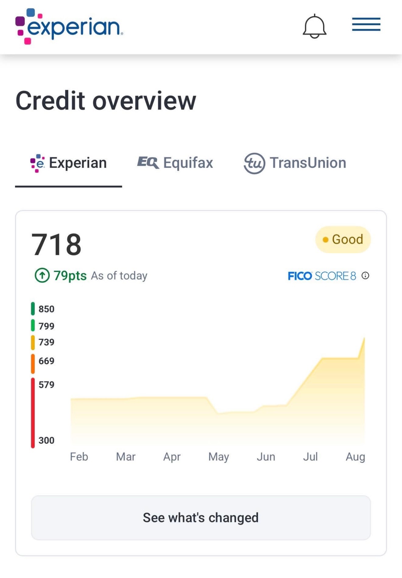 Experian credit overview showing a 718 FICO Score 8 with a 79 point increase